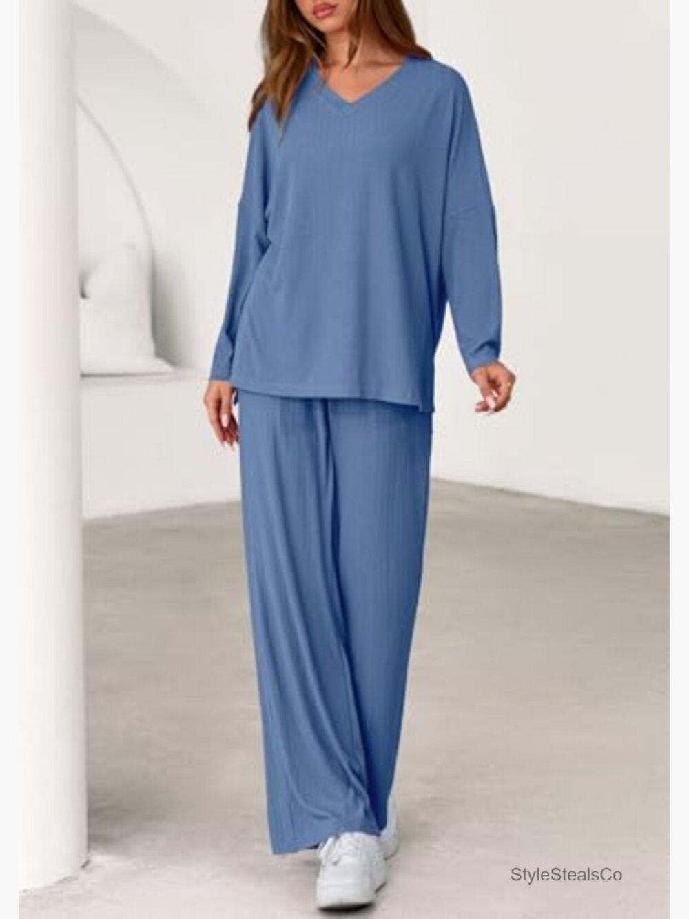 Women's Lounge Set with Soft Ribbed Knit Long Sleeve Top and Wide Leg Pants - Picture 6 of 7